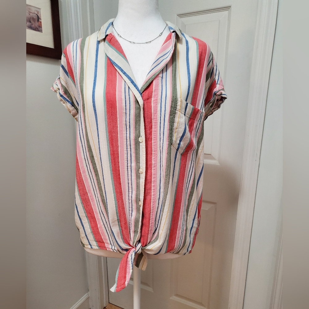 Old Navy short sleeve, tie-front blouse, multi-colored stripes. Size M
